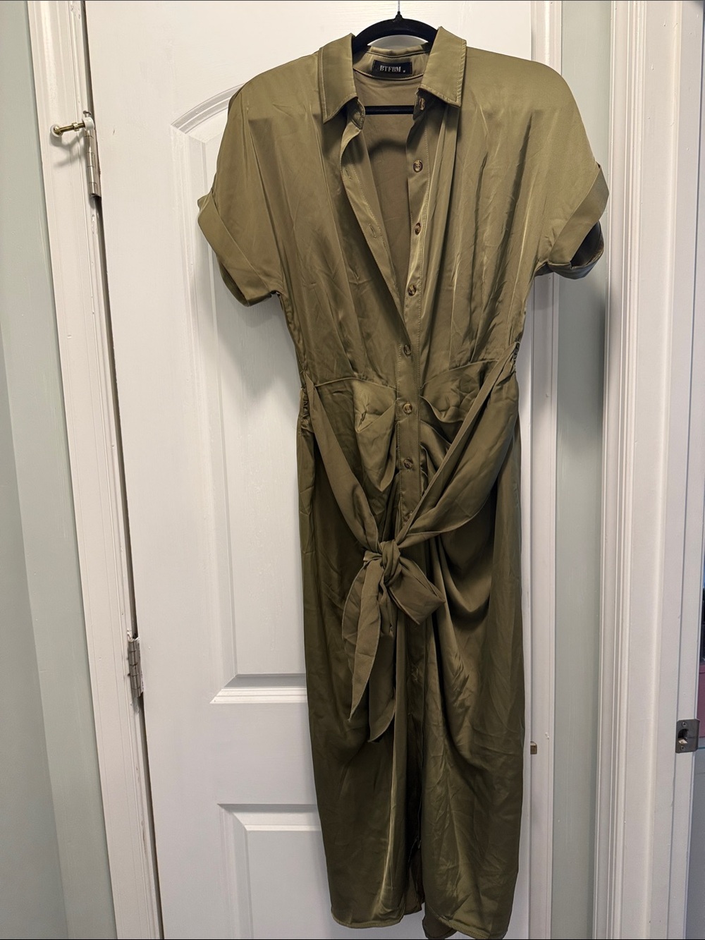 Olive Green Midi Shirt Dress with Front Tie